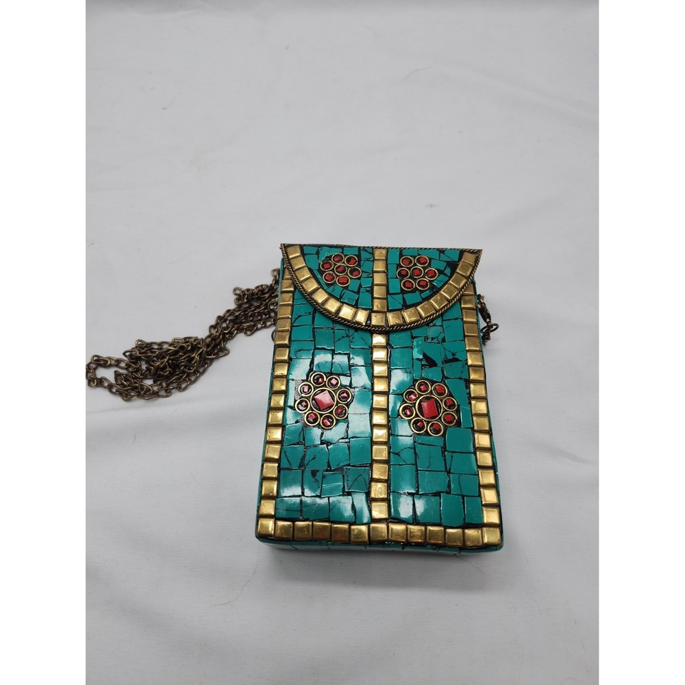 ANTIK KRAFT Cross Body Purse Turquoise Stone Mosaic Hinged Hard Body
